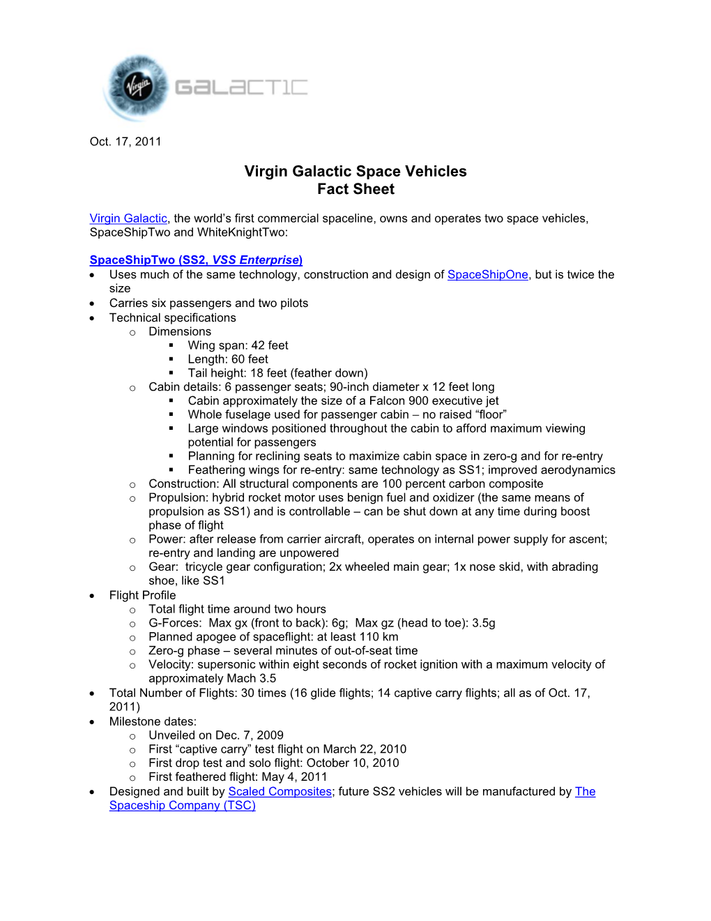 Virgin Galactic Space Vehicles Fact Sheet