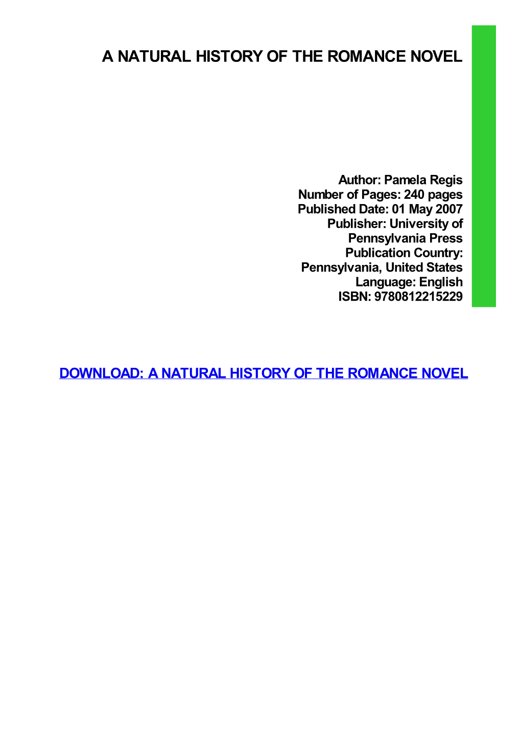 PDF Download a Natural History of the Romance Novel