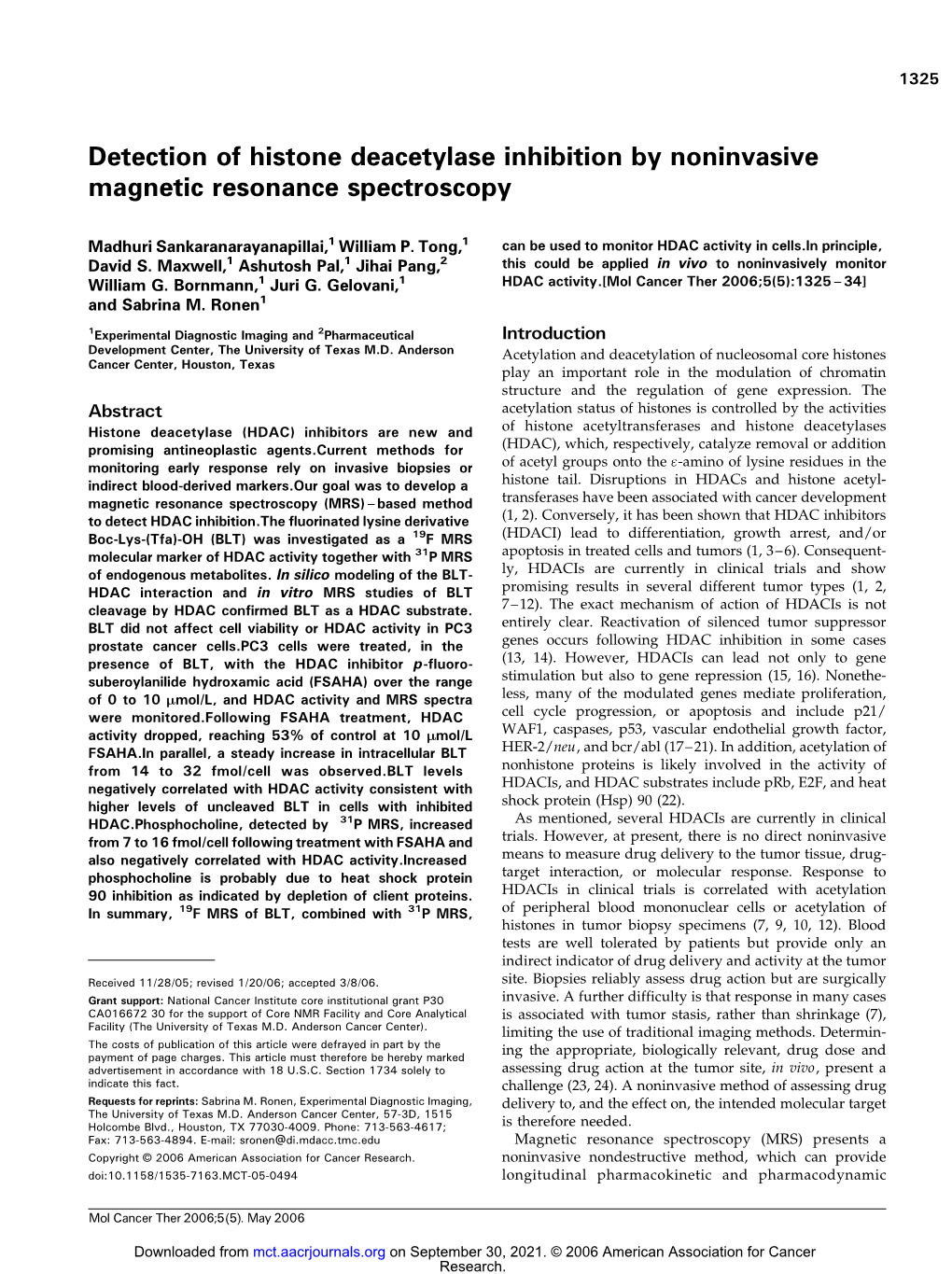 Detection of Histone Deacetylase Inhibition by Noninvasive Magnetic Resonance Spectroscopy