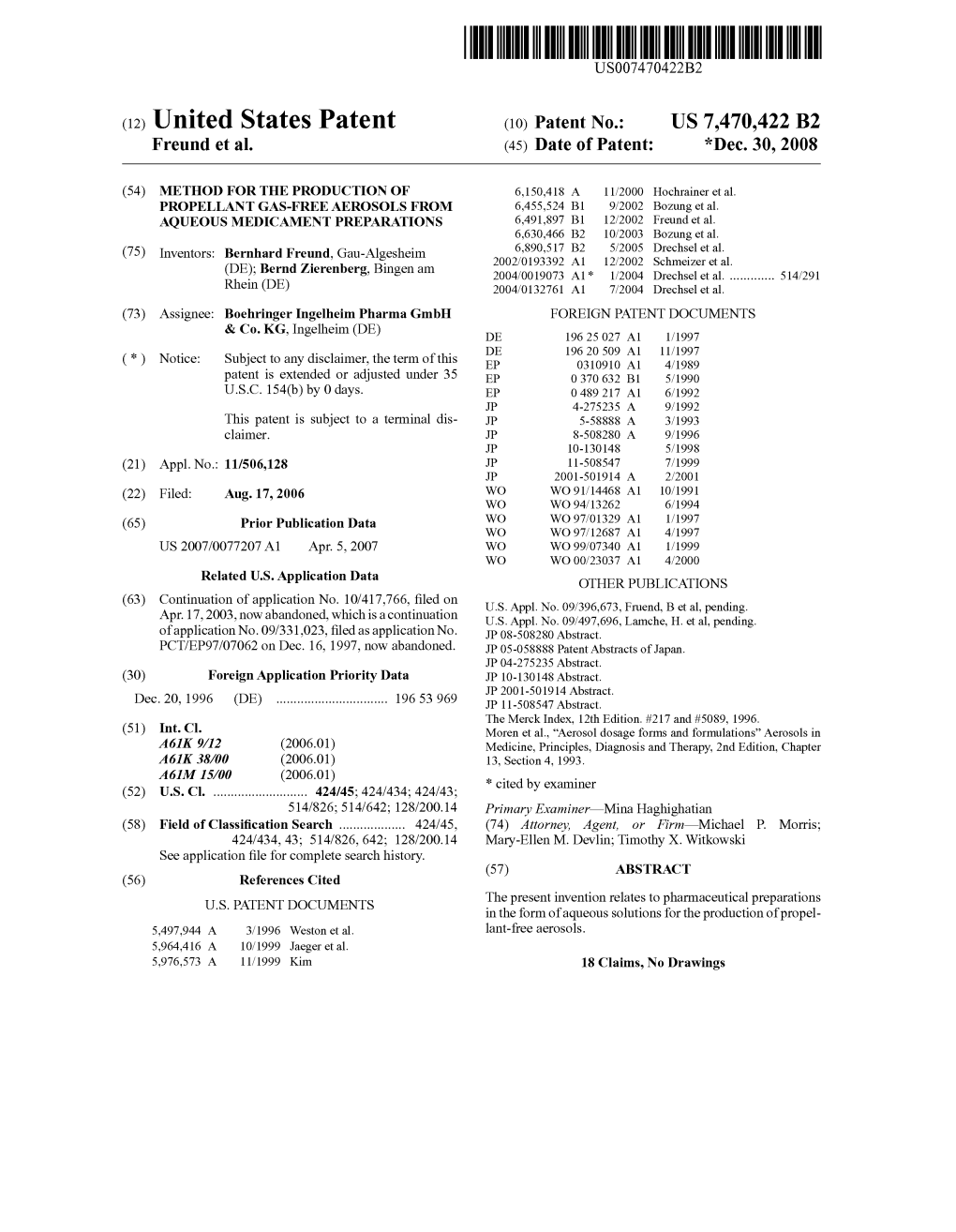 (12) United States Patent (10) Patent No.: US 7470,422 B2 Freund Et Al