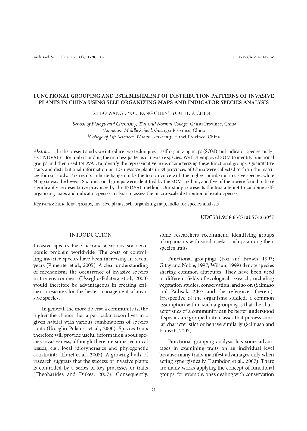 Functional Grouping and Establishment of Distribution Patterns of Invasive Plants in China Using Self-Organizing Maps and Indicator Species Analysis