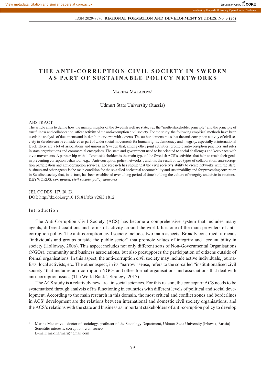 The Anti-Corruption Civil Society in Sweden As Part of Sustainable Policy Networks