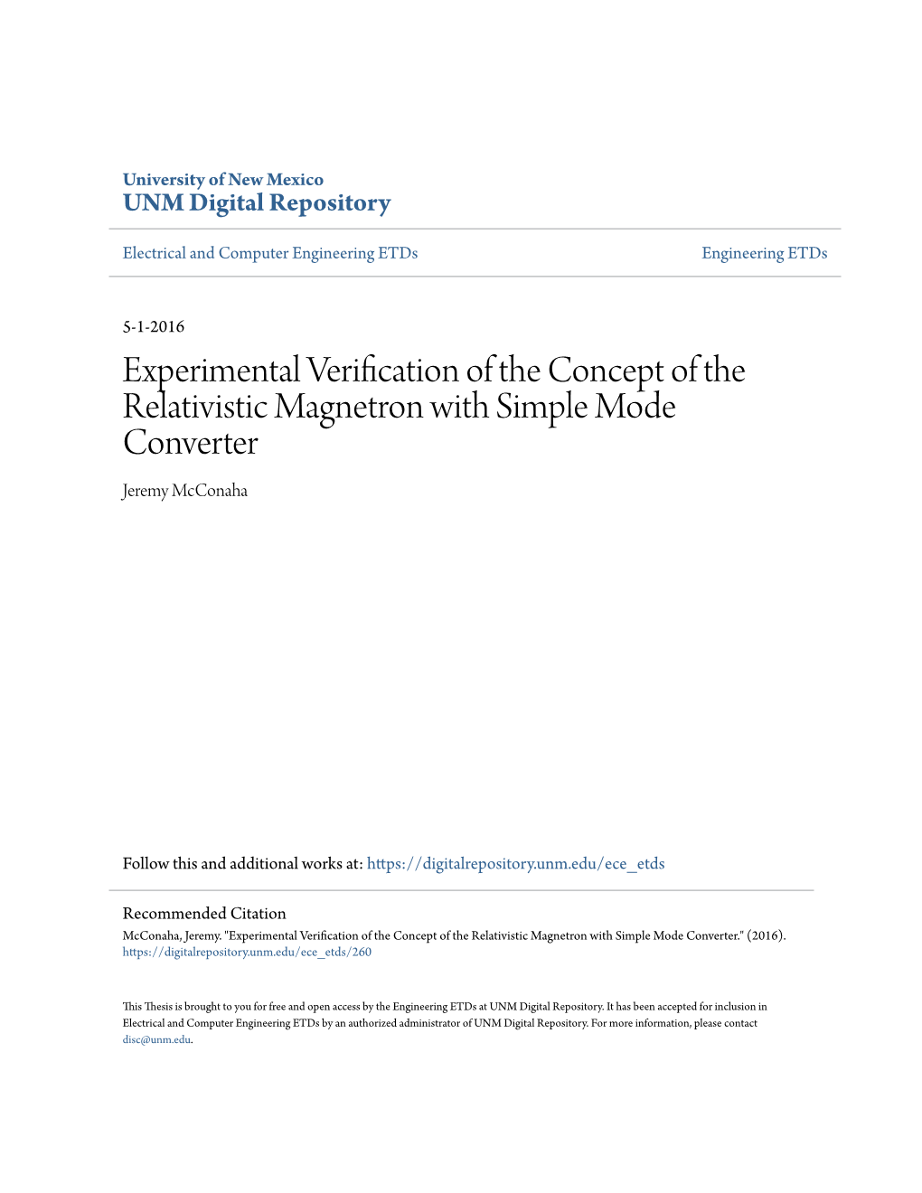 Experimental Verification of the Concept of the Relativistic Magnetron with Simple Mode Converter Jeremy Mcconaha