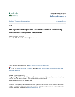 The Hippocratic Corpus and Soranus of Ephesus: Discovering Men's Minds Through Women's Bodies