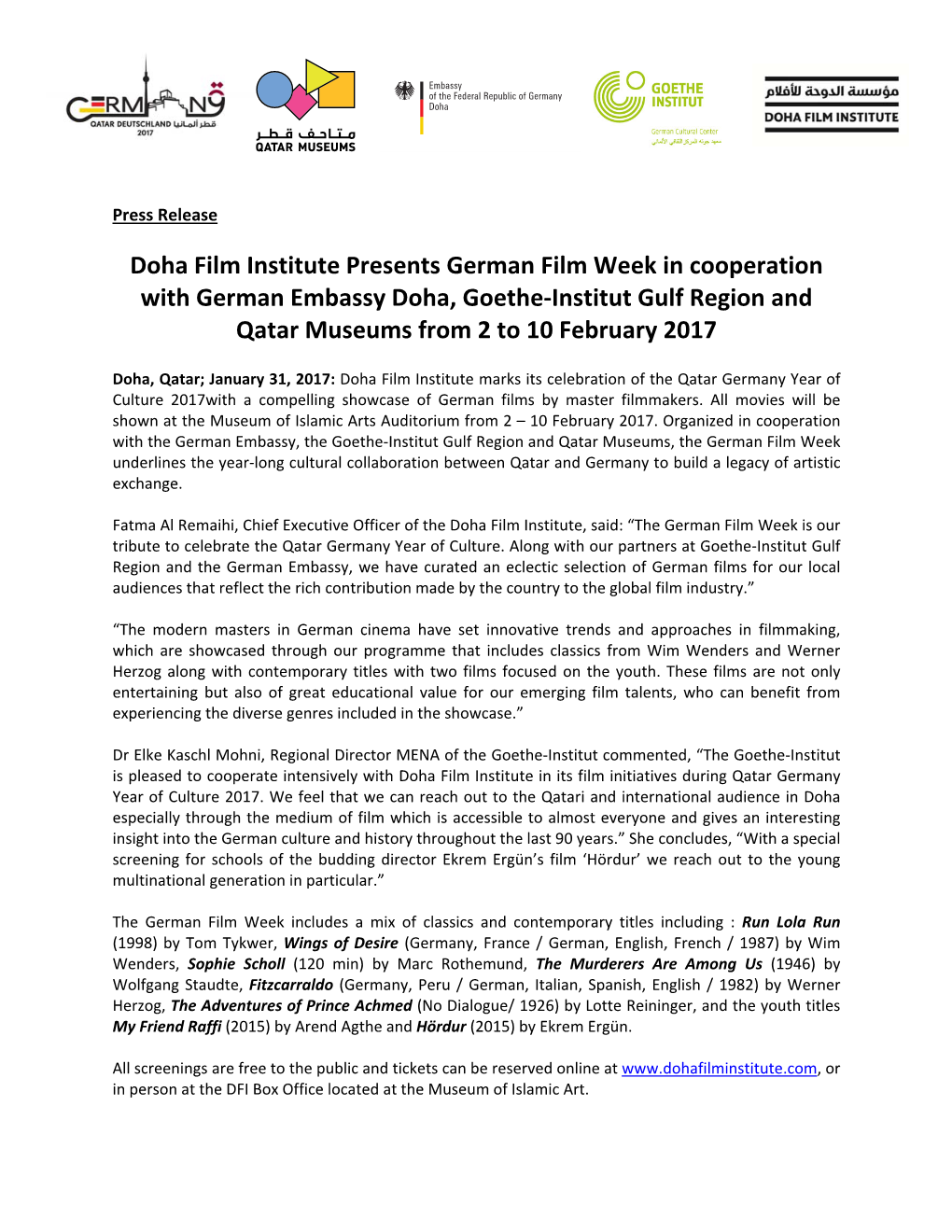 Doha Film Institute Presents German Film Week in Cooperation with German Embassy Doha, Goethe‐Institut Gulf Region and Qatar Museums from 2 to 10 February 2017