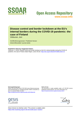 Disease Control and Border Lockdown at the EU's Internal Borders During the COVID-19 Pandemic: the Case of Finland Virkkunen, Joni