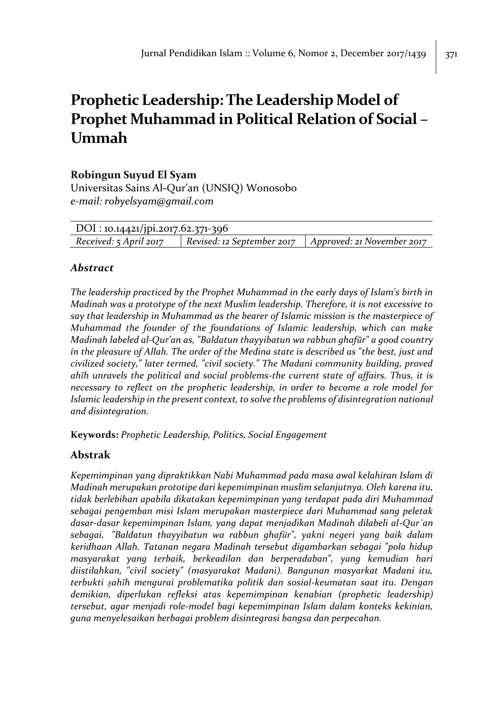 The Leadership Model of Prophet Muhammad in Political Relation of Social – Ummah