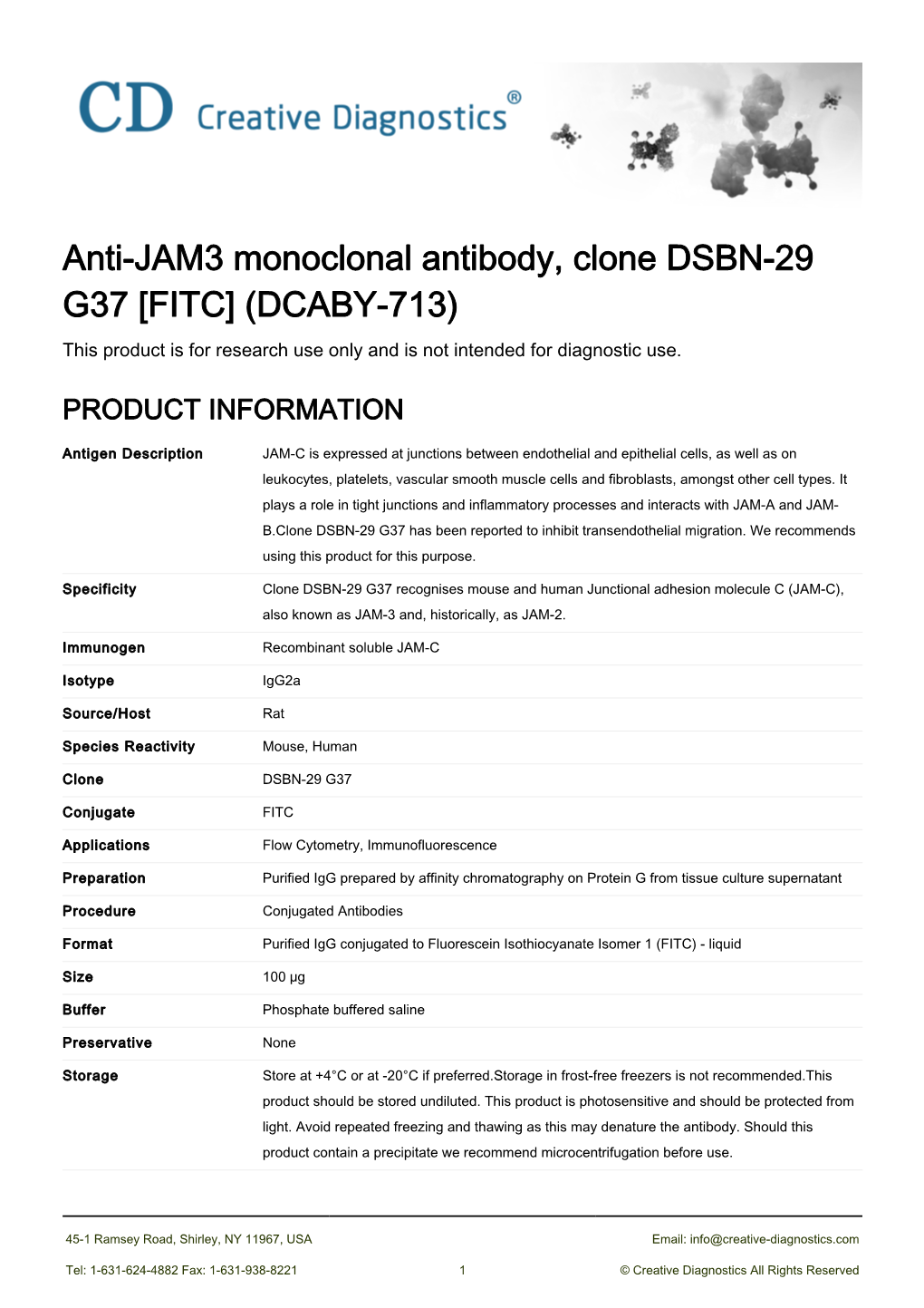 Anti-JAM3 Monoclonal Antibody, Clone DSBN-29 G37 [FITC] (DCABY-713) This Product Is for Research Use Only and Is Not Intended for Diagnostic Use