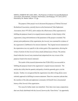 The Purposes of Tubists Universal Brotherhood Association: Development, Literature, Performance, and Pedagogy 1973-2012 (2013) Directed by Dr