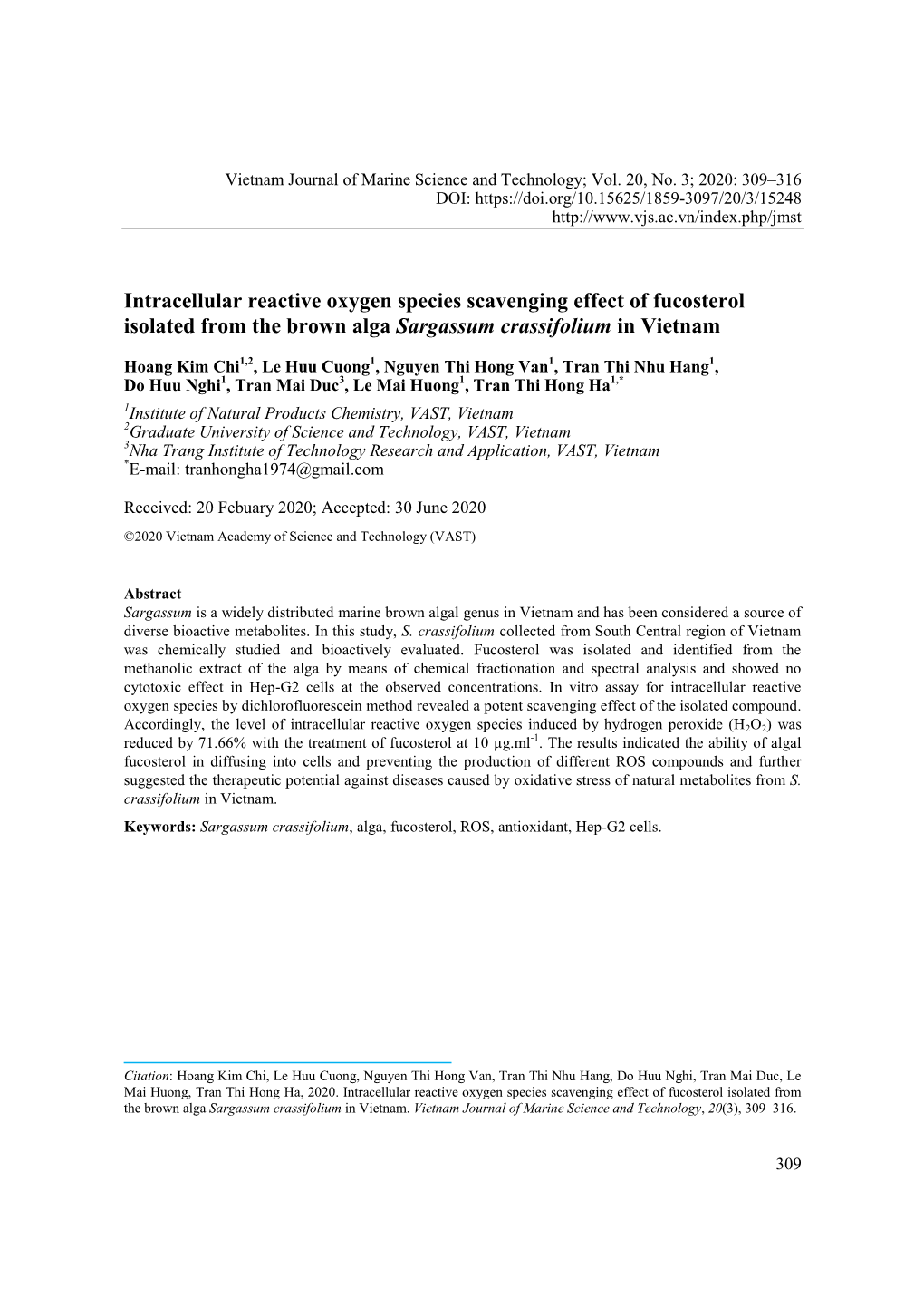 Intracellular Reactive Oxygen Species Scavenging Effect of Fucosterol Isolated from the Brown Alga Sargassum Crassifolium in Vietnam