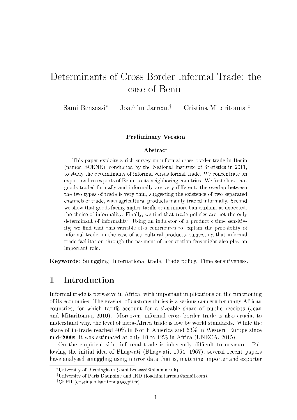 Determinants of Cross Border Informal Trade: the Case of Benin