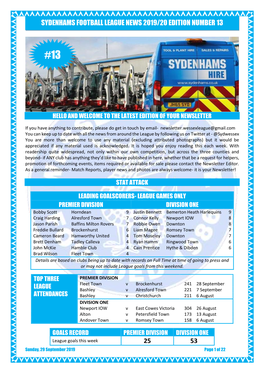 Sydenhams Football League News 2019/20 Edition Number 13
