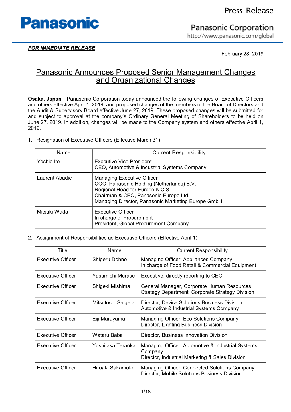 Panasonic Announces Proposed Senior Management Changes and Organizational Changes