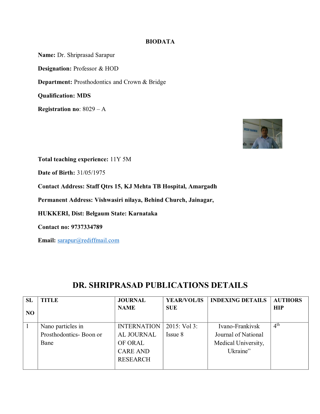 Dr. Shriprasad Publications Details