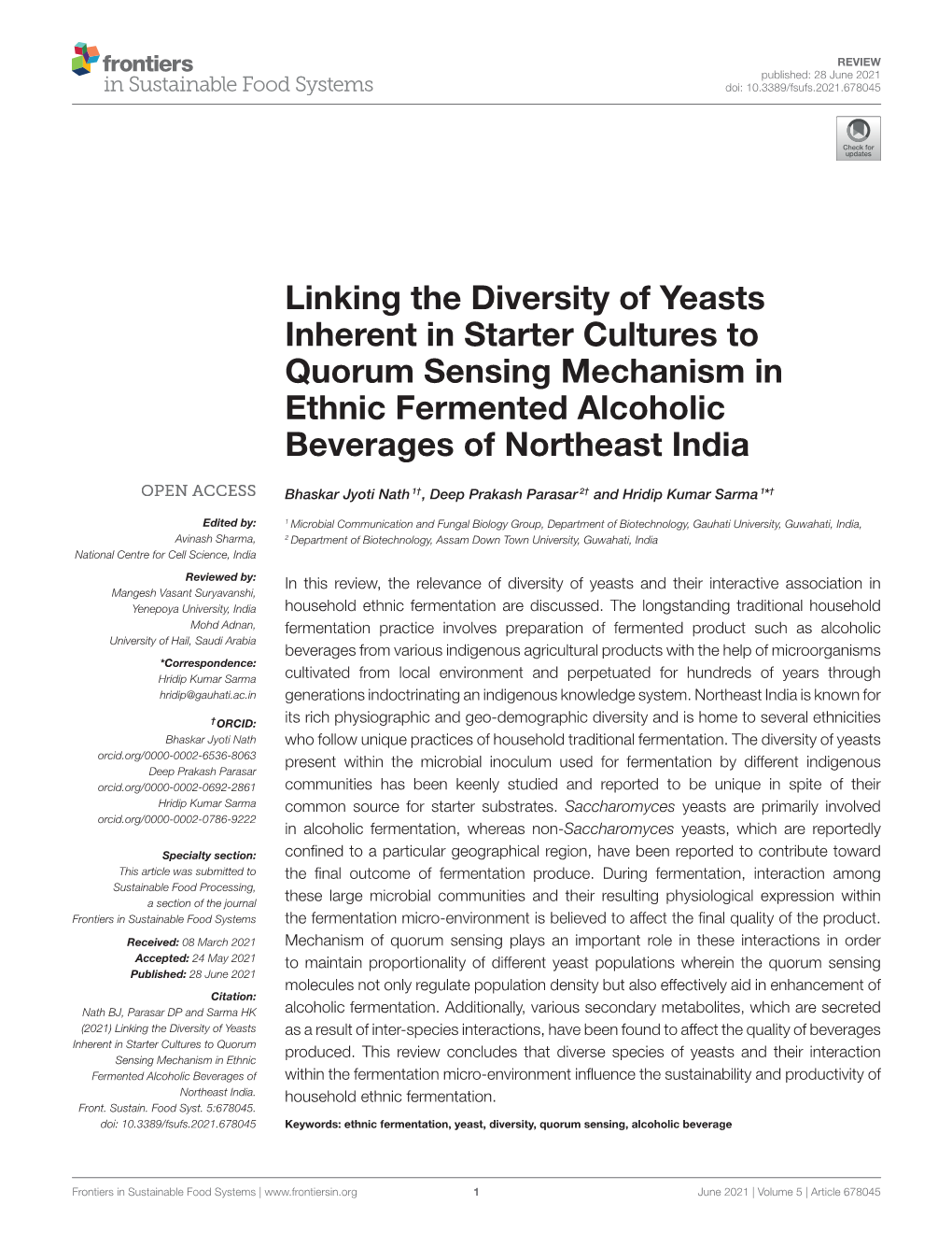 Linking the Diversity of Yeasts Inherent in Starter Cultures to Quorum Sensing Mechanism in Ethnic Fermented Alcoholic Beverages of Northeast India