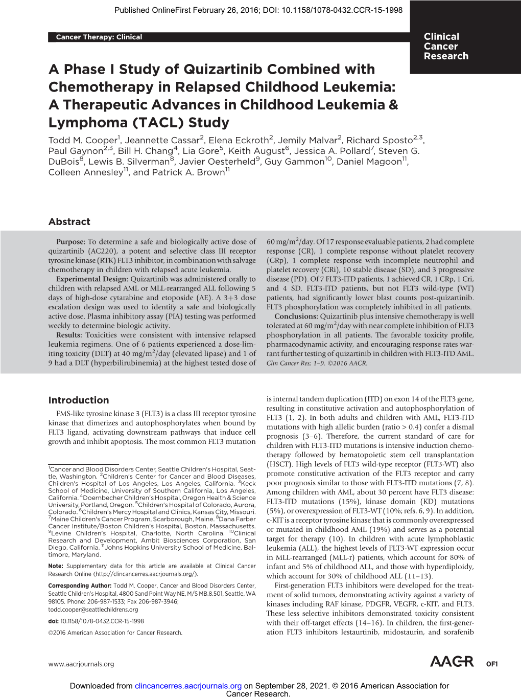 A Phase I Study of Quizartinib Combined with Chemotherapy in Relapsed Childhood Leukemia: a Therapeutic Advances in Childhood Leukemia & Lymphoma (TACL) Study Todd M