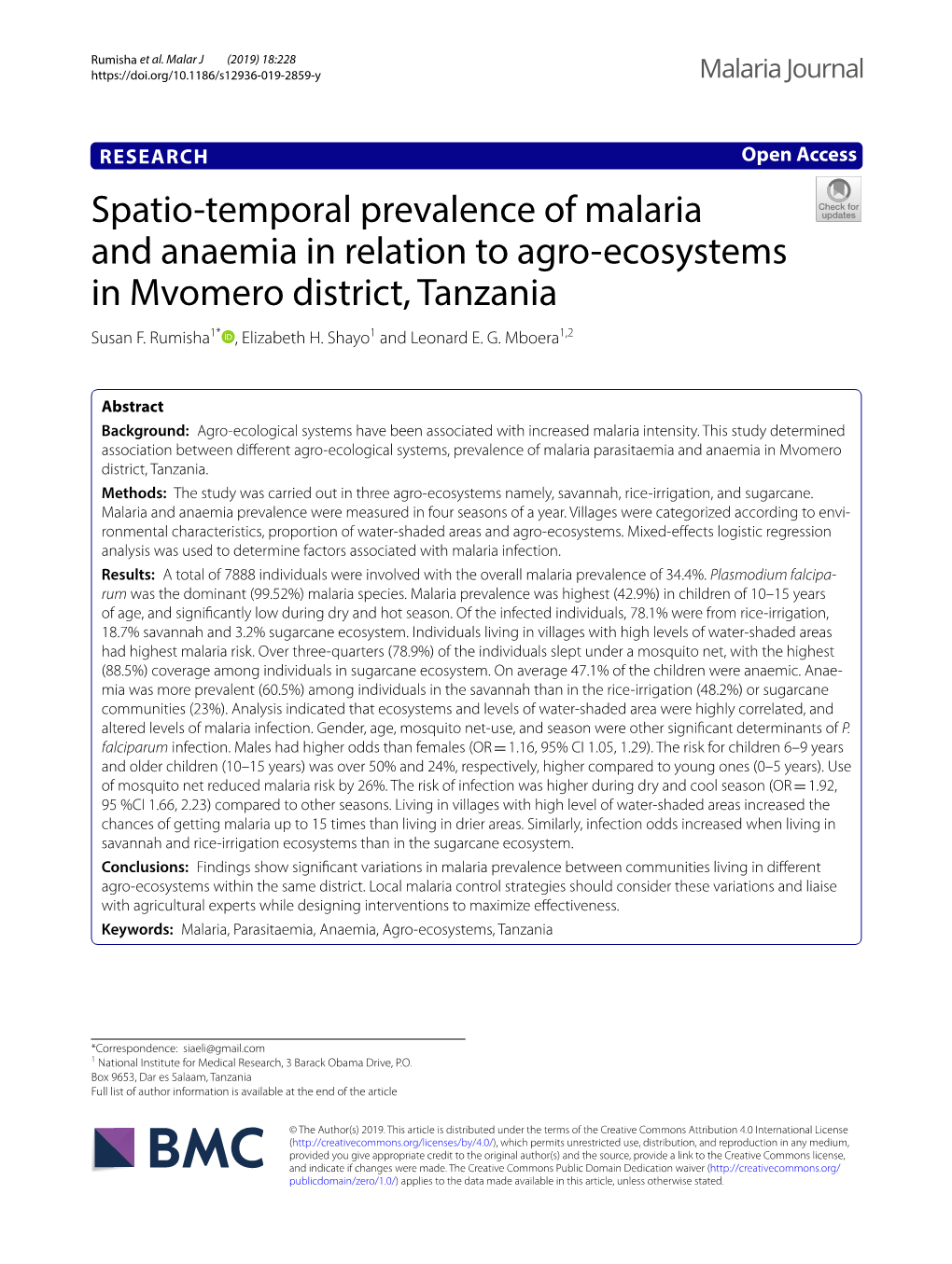 Spatio-Temporal Prevalence of Malaria and Anaemia in Relation to Agro-Ecosystems in Mvomero District, Tanzania
