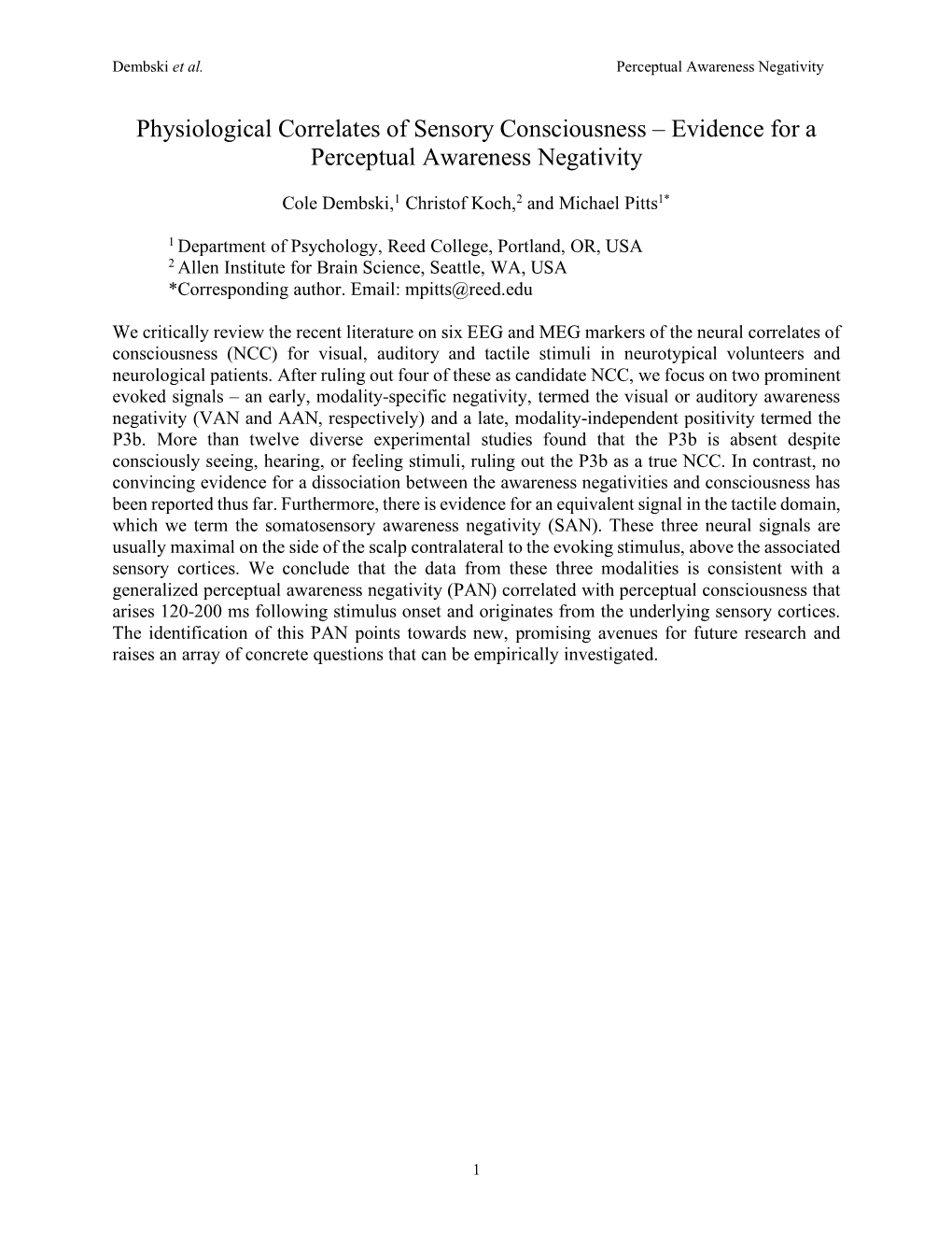 Physiological Correlates of Sensory Consciousness – Evidence for a Perceptual Awareness Negativity