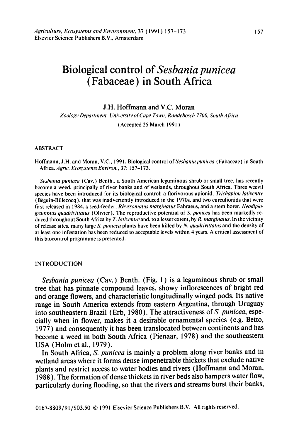 Biological Control of Sesbania Punicea (Fabaceae) in South Africa