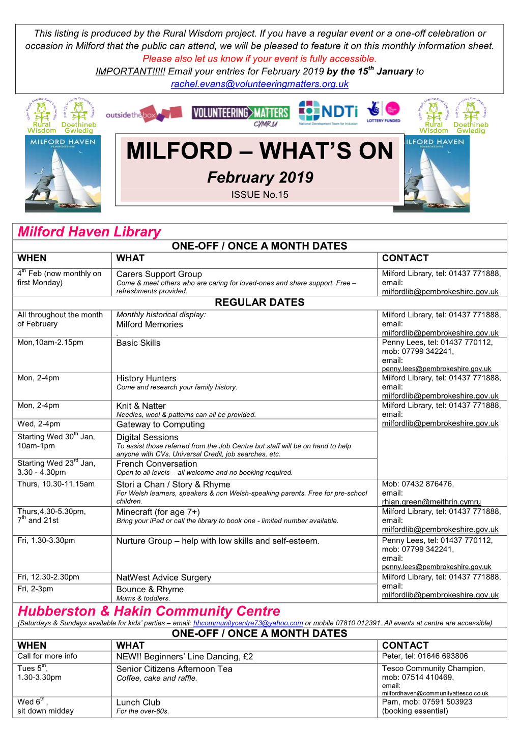 Milford That the Public Can Attend, We Will Be Pleased to Feature It on This Monthly Information Sheet