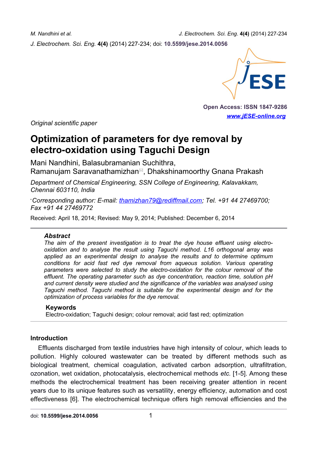 Optimization of Parameters for Dye Removal by Electro Oxidation Using Taguchi Design