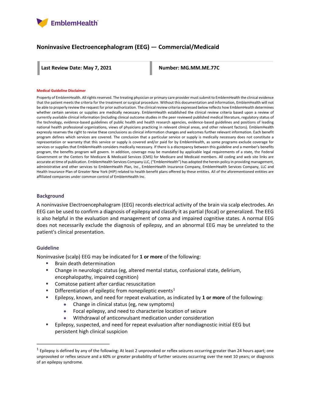 Noninvasive Electroencephalogram (EEG) — Commercial/Medicaid