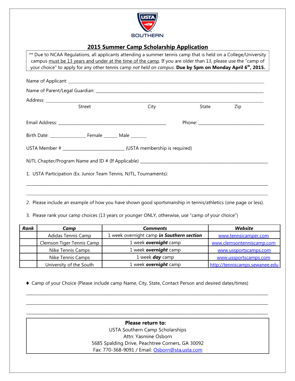 2015 Summer Camp Scholarship Application