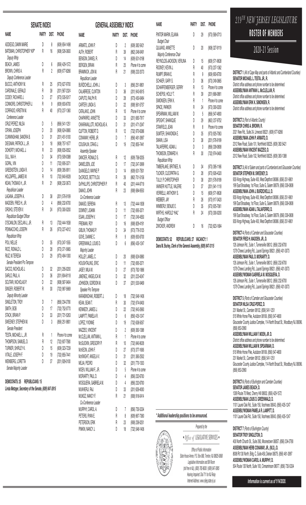 219Th New Jersey Legislature Roster of Members 2020-21