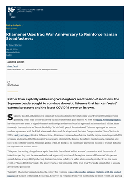Khamenei Uses Iraq War Anniversary to Reinforce Iranian Steadfastness by Omer Carmi