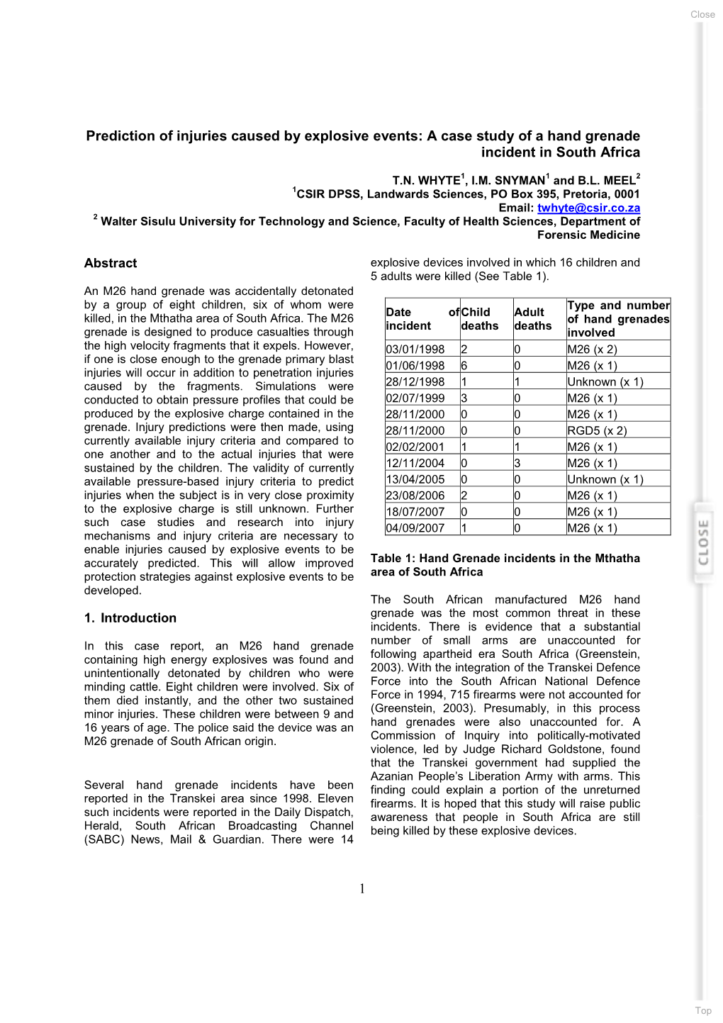 Prediction of Injuries Caused by Explosive Events: a Case Study of a Hand Grenade Incident in South Africa