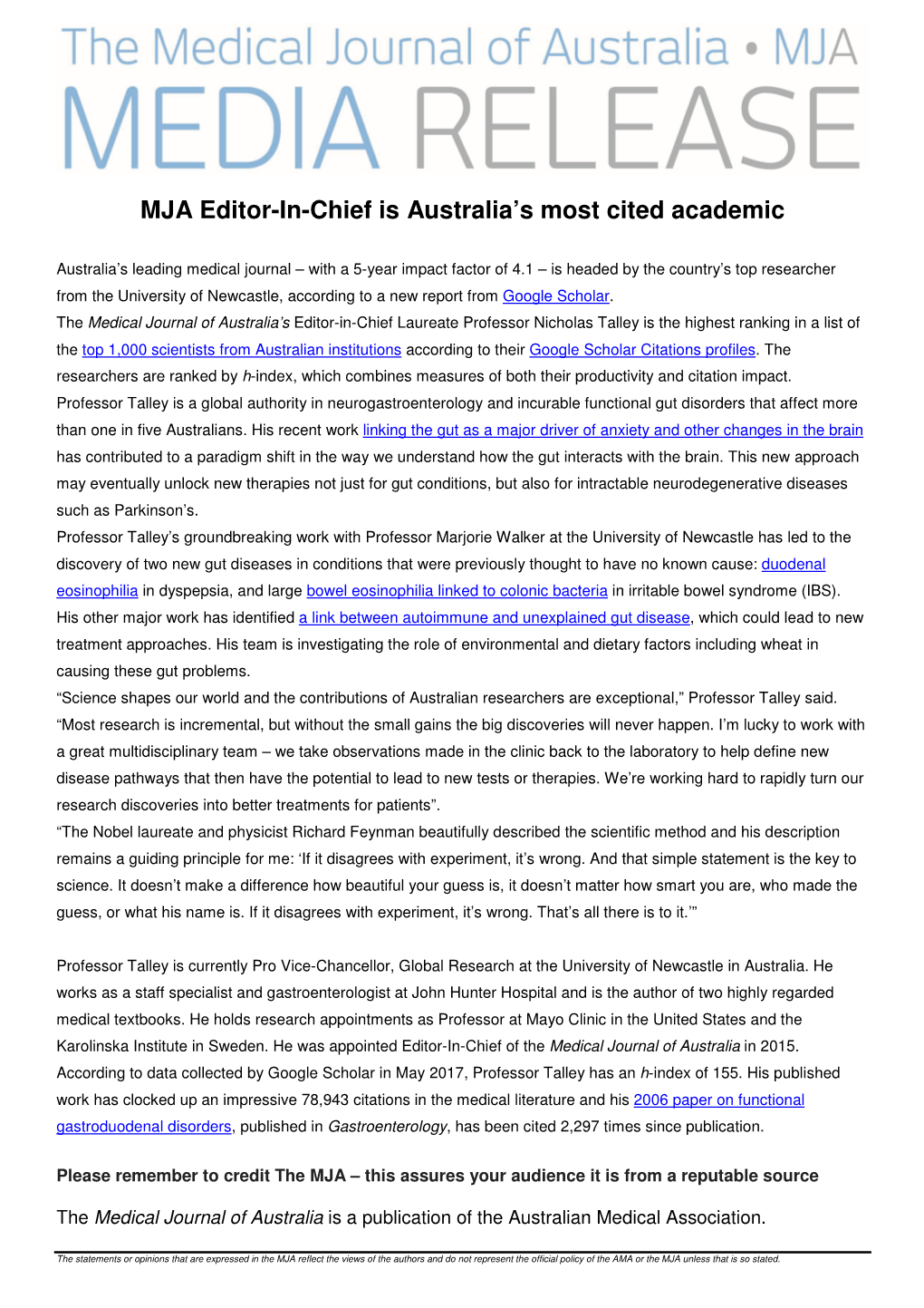 MJA Editor-In-Chief Is Australia's Most Cited Academic
