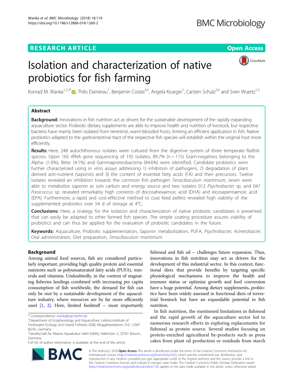 Isolation and Characterization of Native Probiotics for Fish Farming Konrad M