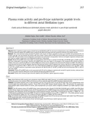 Plasma Renin Activity and Pro-B-Type Natriuretic Peptide Levels in Different Atrial Fibrillation Types