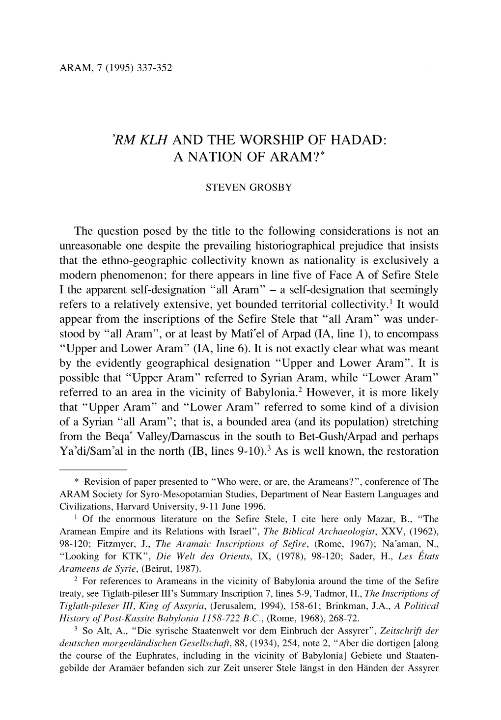 Rm Klh and the Worship of Hadad: a Nation of Aram?*
