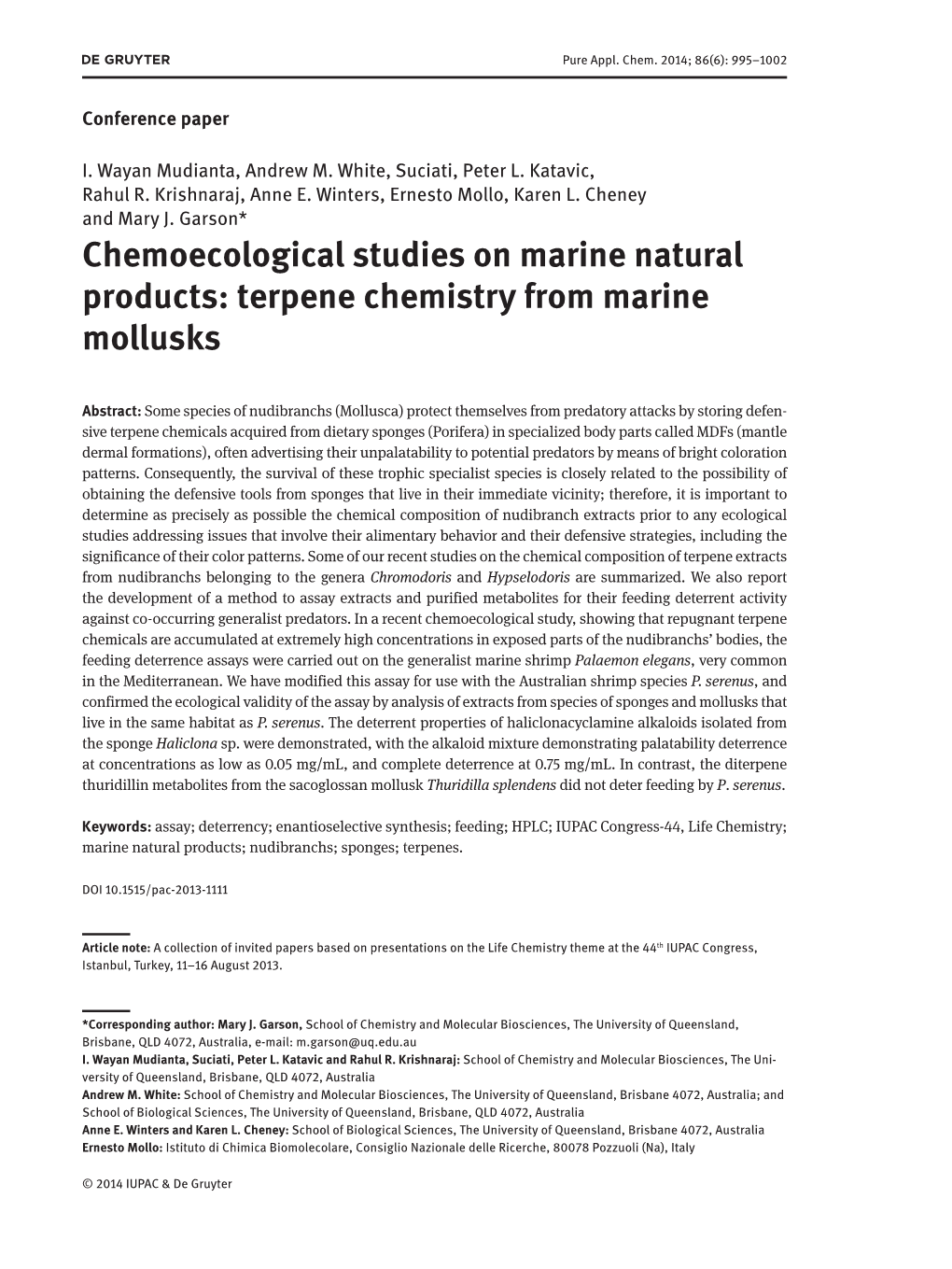 Chemoecological Studies on Marine Natural Products: Terpene Chemistry from Marine Mollusks