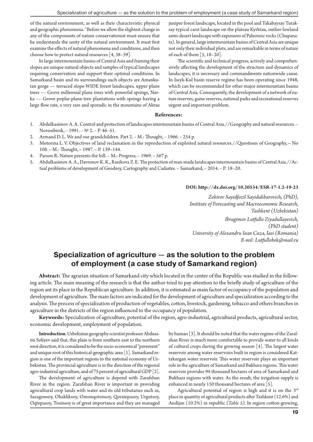 Specialization of Agriculture — As the Solution to the Problem Of