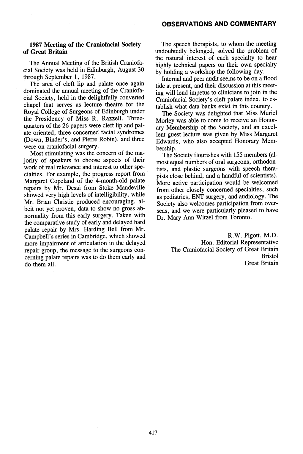 1987 Meeting of the Craniofacial Society Of