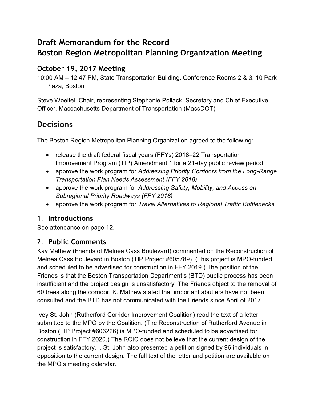 Boston Region Metropolitan Planning Organization Meeting Minutes