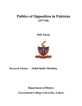 Politics of Opposition in Pakistan (1977-88)