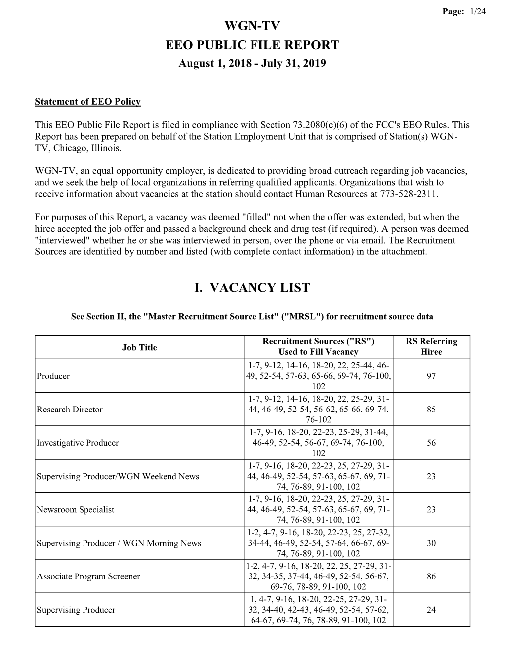 Wgn-Tv Eeo Public File Report I. Vacancy List