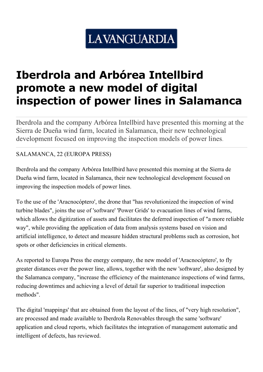 Iberdrola and Arbórea Intellbird Promote a New Model of Digital Inspection of Power Lines in Salamanca