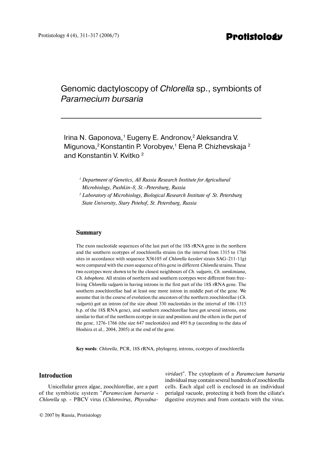 Protistology Genomic Dactyloscopy of Chlorella Sp., Symbionts Of