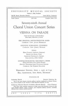 Choral Union Concert Series VIENNA on PARADE Under the Patronage of His Excellency Julius Raab, Chancellor of Austria