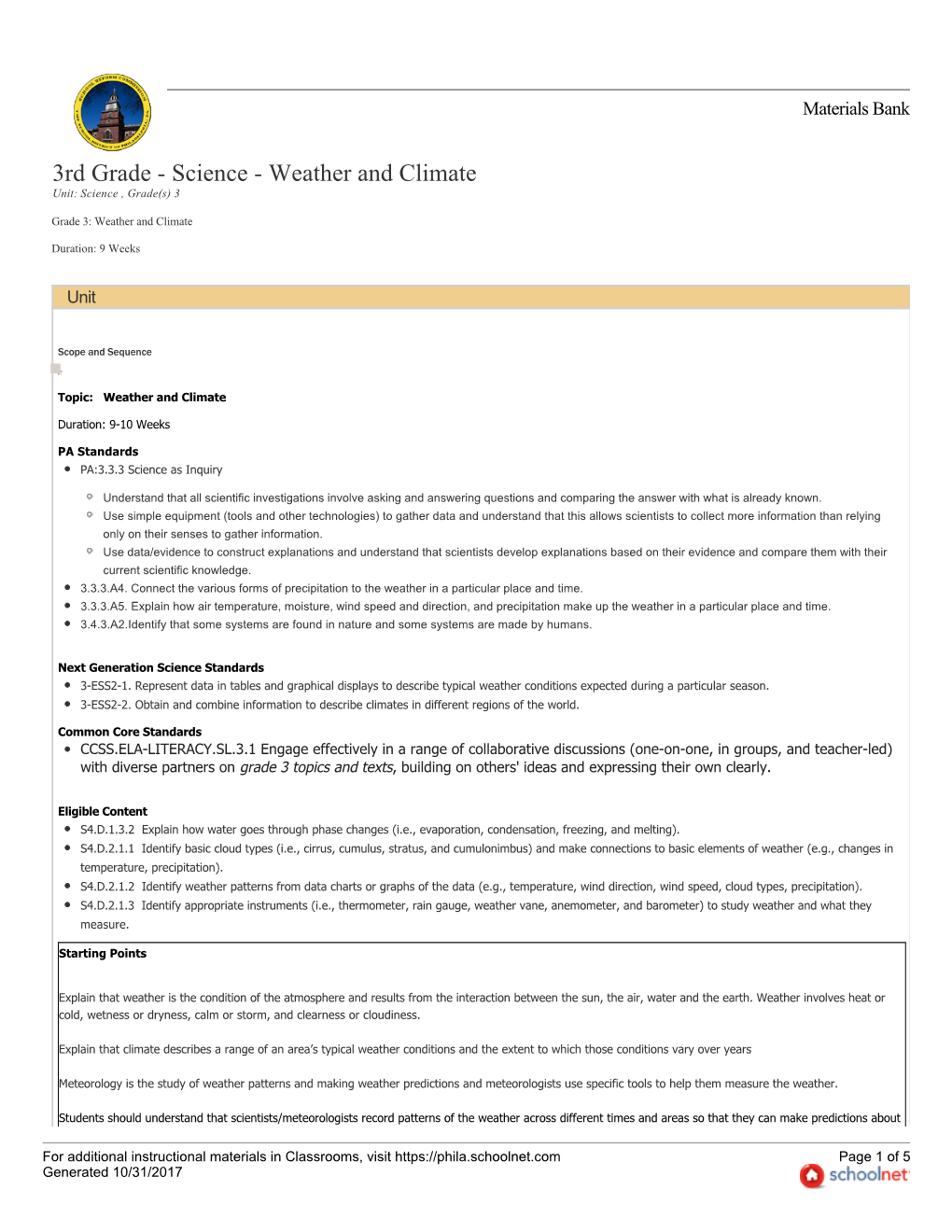 3Rd Grade - Science - Weather and Climate Unit: Science , Grade(S) 3