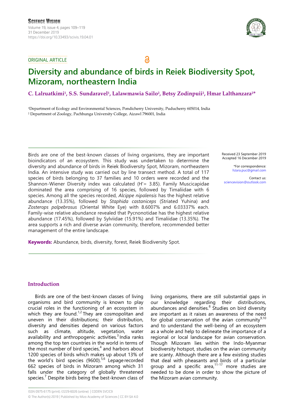 Diversity and Abundance of Birds in Reiek Biodiversity Spot, Mizoram, Northeastern India