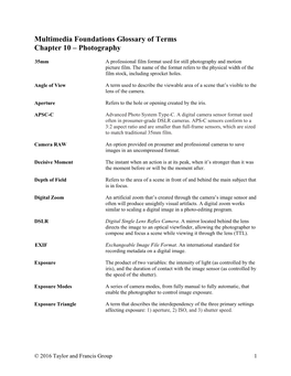 Multimedia Foundations Glossary of Terms Chapter 10 – Photography