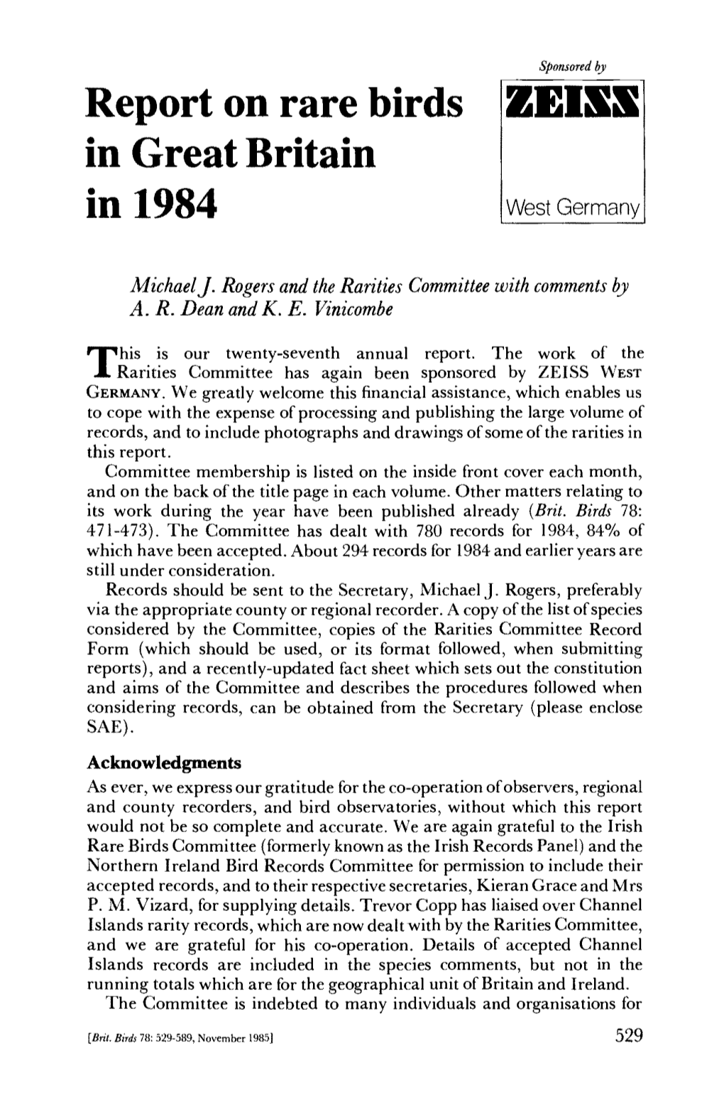 Report on Rare Birds in Great Britain in 1984 West Germany