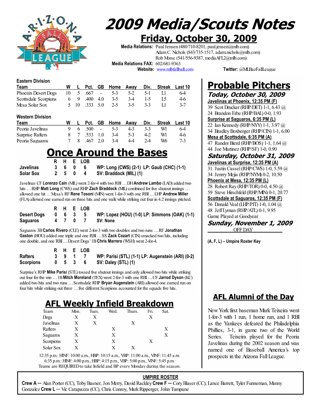 2009 Media/Scouts Notes Friday, October 30, 2009 Media Relations: Paul Jensen (480/710-8201, Paul.Jensen@Mlb.Com) Adam C