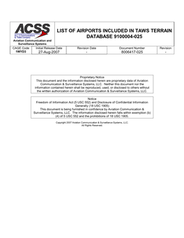 List of Airports Included in Taws Terrain Database