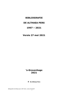 Bibliografie De Althaea Pers 1997-2021, Versie 20210527 1
